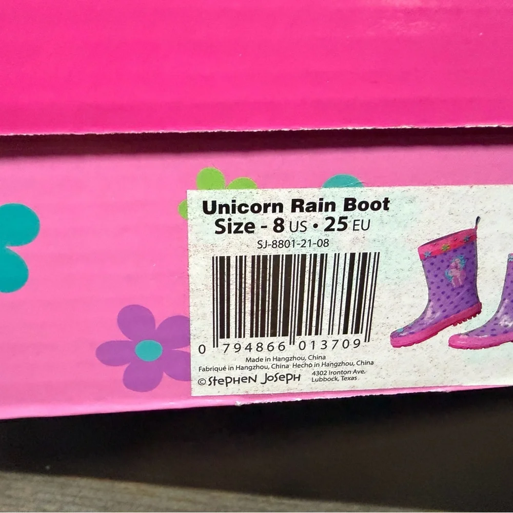 Stephen Joseph Size 8 Purple Unicorn Kids Rain Boots